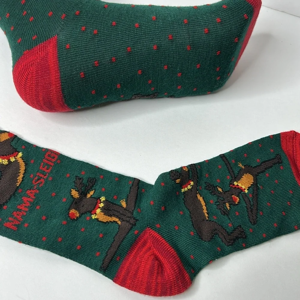 YOGA Reindeer NAMA-SLEIGH Holiday Christmas‎ Crew Funny Socks Women’s NWT